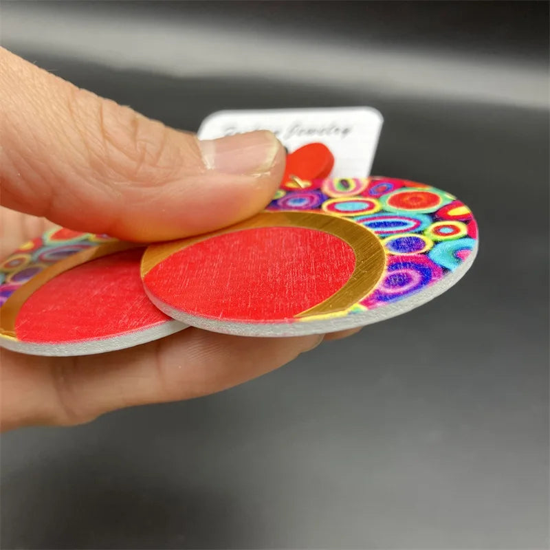 Fashion Exaggerated Round Earrings Printed Colorful Wooden Earrings for Women Ethnic Statement Jewelry Party Wedding Gift